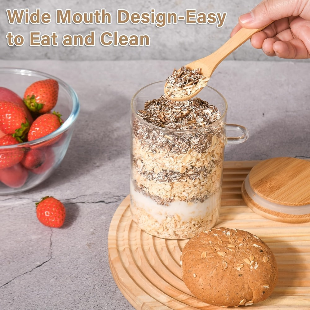 Overnight Oats Jars with Bamboo Lids & Spoons, 500ml Glass Meal Prep Containers ¡ª Dessert Bowl Set for Chia Pudding, Salad, Cereal, Yogurt & Sourdough Starter | 4 or 6 Pack