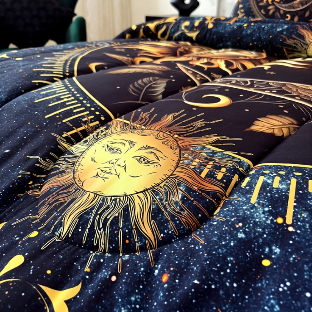 Sun Moon Planet Comforter Set 3pcs Digital Print Quilted Bedding 1 Comforter 2 Pillowcases 180GSM Soft Breathable Black Celestial Bedroom Decor Twin Full Queen King Size Dormitory