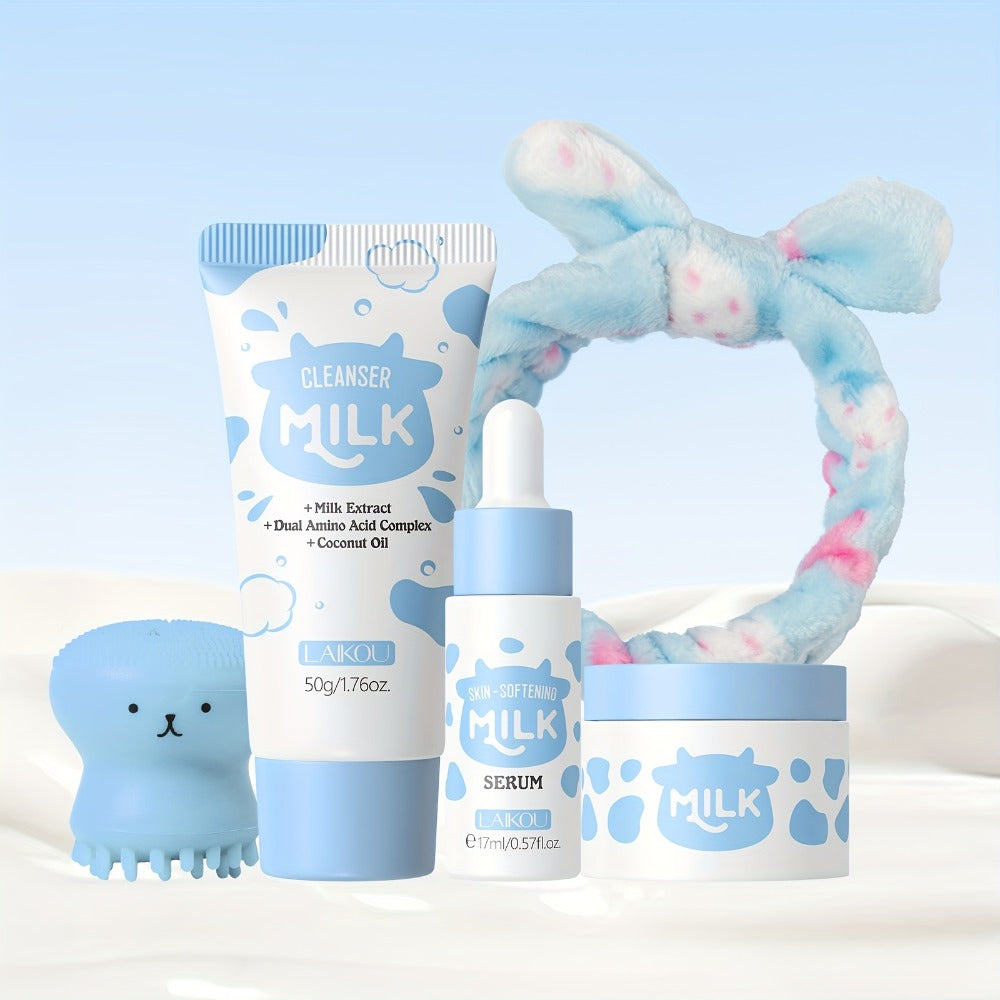 LAIKOU Milk Skincare Set 5pcs Hypoallergenic Moisturizing Face Care Routine Cleanser Serum Face Cream Cleansing Brush Hairband for All Skin Types Men Women Day Night