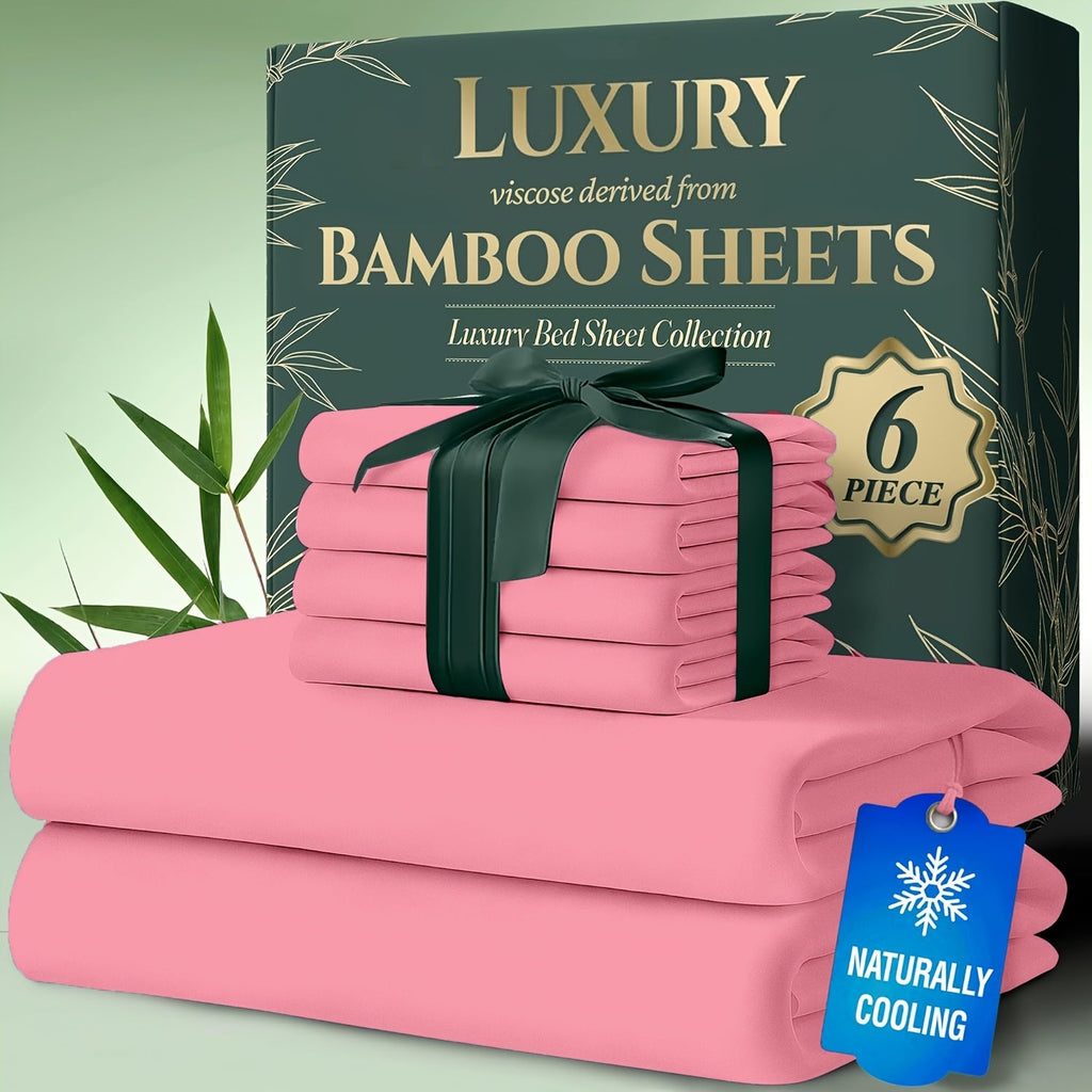 Cooling Bamboo Bed Sheet Set 6pcs Ultra Soft Deep Pocket 17 Inch Double Stitching Breathable Sheets for Hot Sleepers Twin Full Queen King