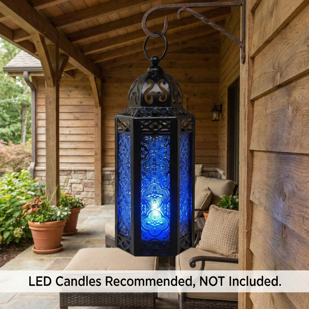 Moroccan Candle Lantern Holder - Decorative Metal & Glass Lantern with Embossed Floral Design for Indoor Home Decor, Garden, Patio, Weddings, Ramadan, Halloween & Holiday Celebrations - 10.5¡± Tall Medium Size
