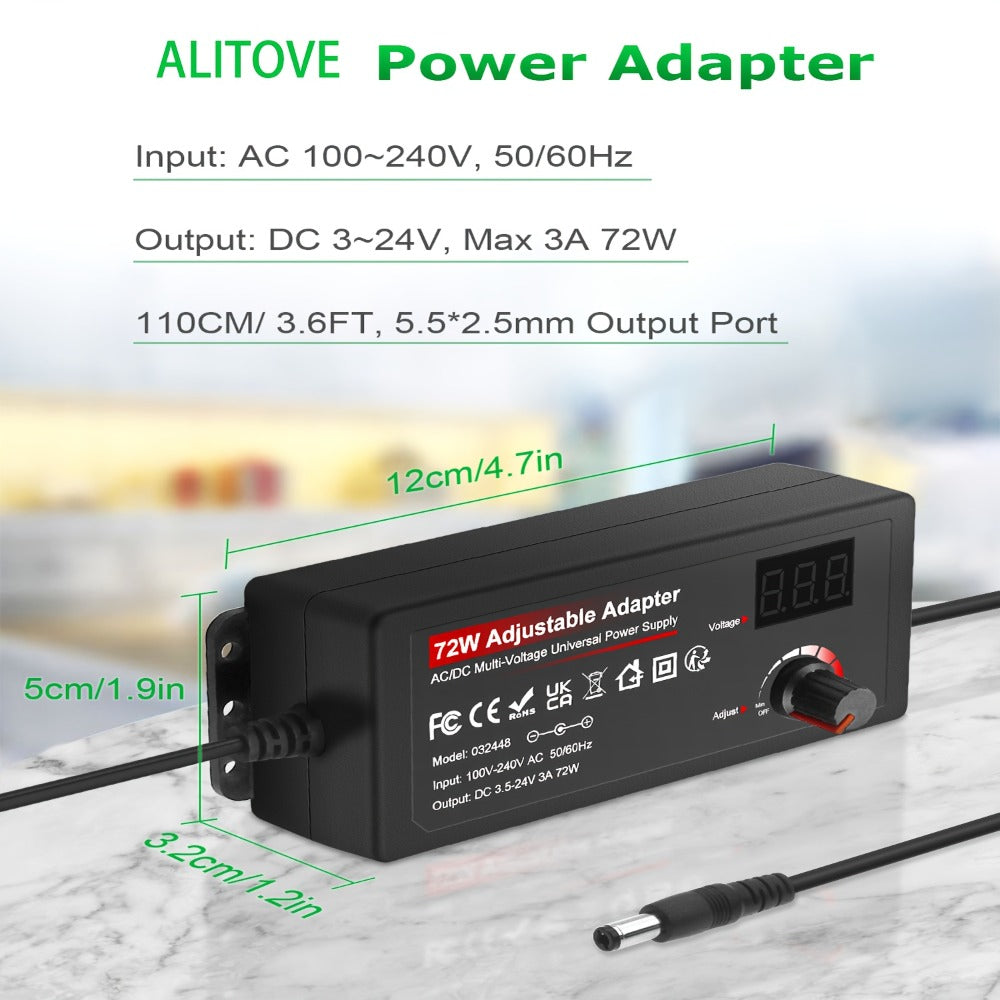 Adjustable AC to DC Power Adapter 72W - 3-24V Variable Power Supply with LCD Voltage Display, Knob Control, 15 Interchangeable Tips, Overvoltage & Short Circuit Protection, 100-240V Universal Input