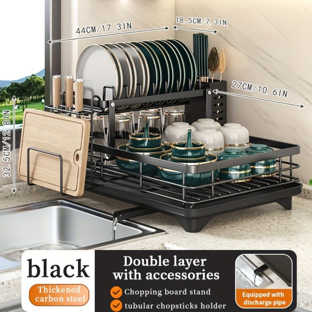 2-Tier Metal Dish Drying Rack with Cutlery Holder Cup Holder & Rust-Proof Drip Tray ¨C Space Saving Countertop Kitchen Organizer