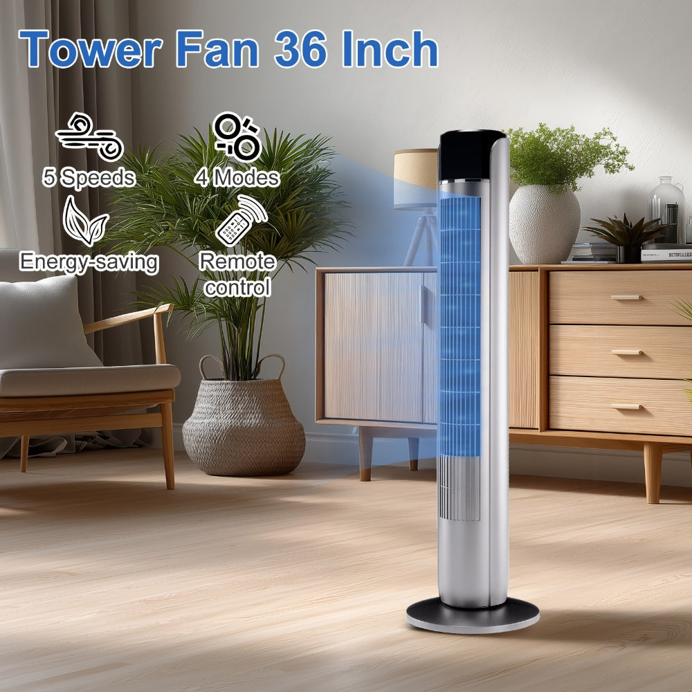 Bladeless Tower Fan 36 Inch | Remote Control, 5-Speed Settings & 4 Operating Modes, Whisper-Quiet 28dB, 12-Hour Timer, Oscillating Standing Fan for Home, Bedroom & Office ¨C Titanium Gray & Black