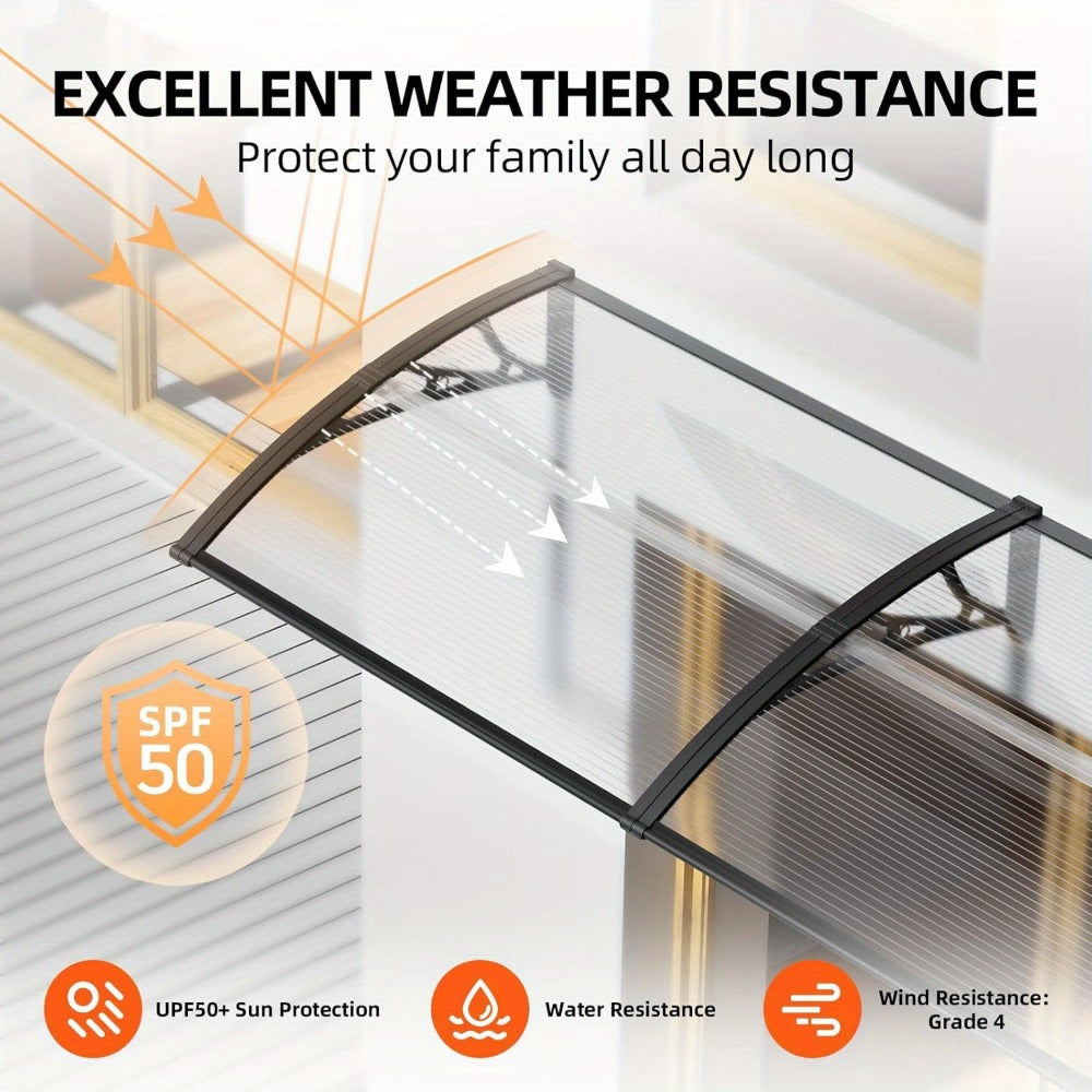 Polycarbonate Window Awning Door Canopy - UV Rain Snow Sun Protection Overhang for Doorways, Patio & Windows, Multiple Sizes, Black/Gray Bracket with Blue/Clear/Brown Board
