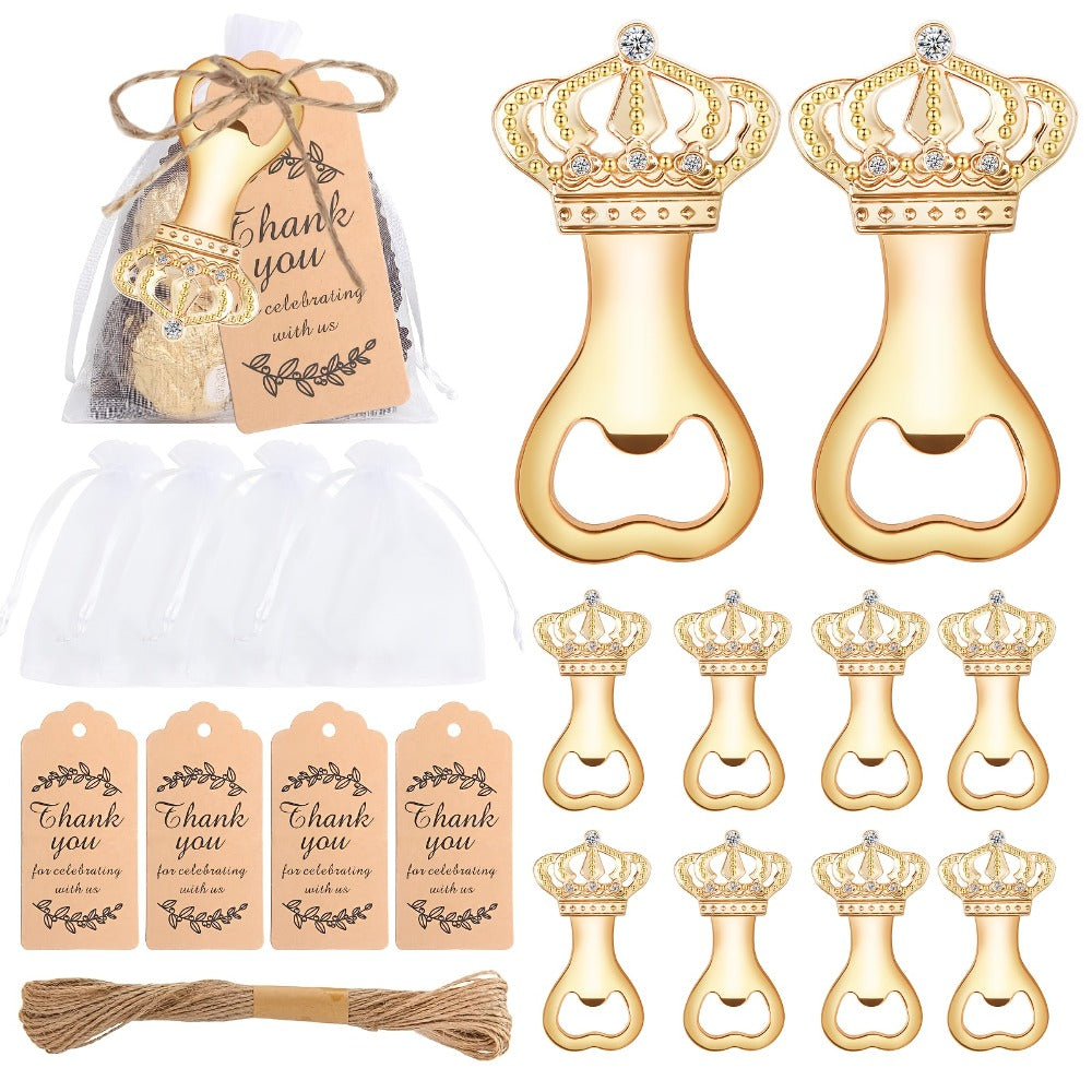 Crown Bottle Opener Wedding Favors 10 Sets 31pcs - Rose Gold Party Gift for Guests with Organza Bag Thank You Tag Twine for Bridal Shower Birthday Baby Shower Bar Kitchen