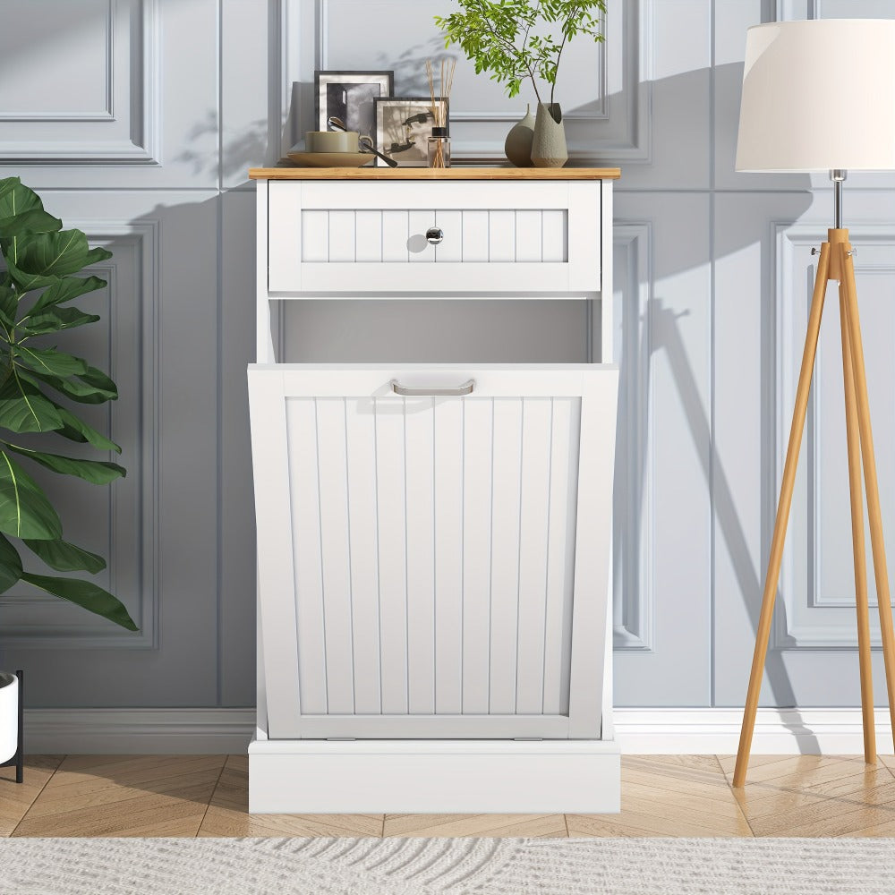 Tilt Out Trash Cabinet Freestanding Kitchen Garbage Cabinet with Cutting Board & Drawer ¨C Wood Hideaway Recycling Station, Fits 10 Gal, Black/White