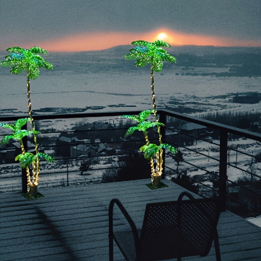 Lighted Artificial Palm Tree Solar Powered 7FT with 3 Trunks & 260 LED Lights, 8 Lighting Modes 2600mAh Battery, Outdoor Indoor Fake Palm Tree Decor for Tiki Bar Patio Yard Pool Beach Party