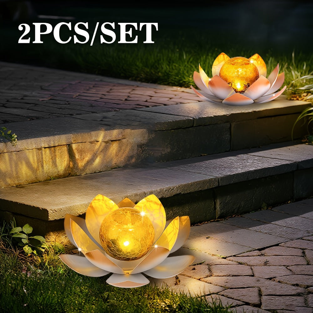 Solar Lotus Garden Lights 2-Pack ¨C Rustic Iron Outdoor Stake Light with Cracked Glass Globe, IPX4 Waterproof Solar Powered Yard Lawn Patio Pool Decor, Warm Glow Landscape Lighting Gift