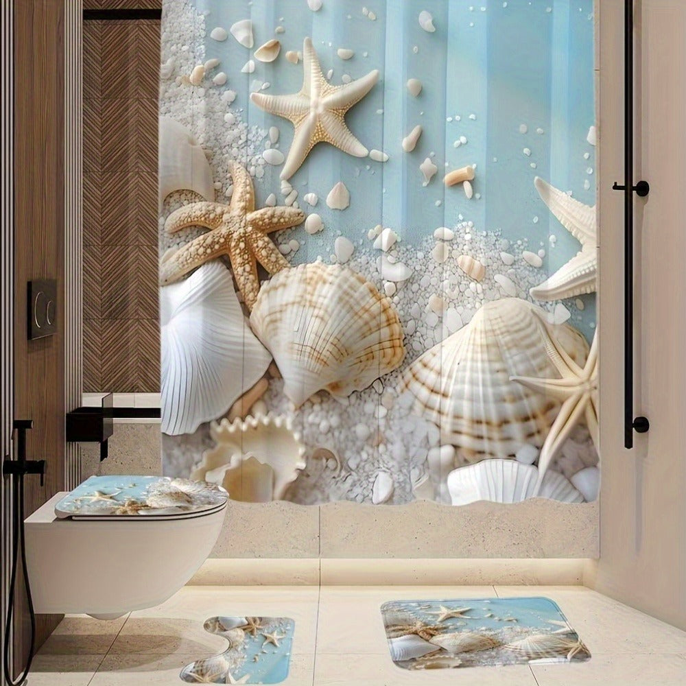 Shower Curtain Set Sea Star Shell Design Polyester with 12 Hooks Non-Slip Bath Mat U-Shaped Toilet Pad Lid Cover Bathroom Decor Set