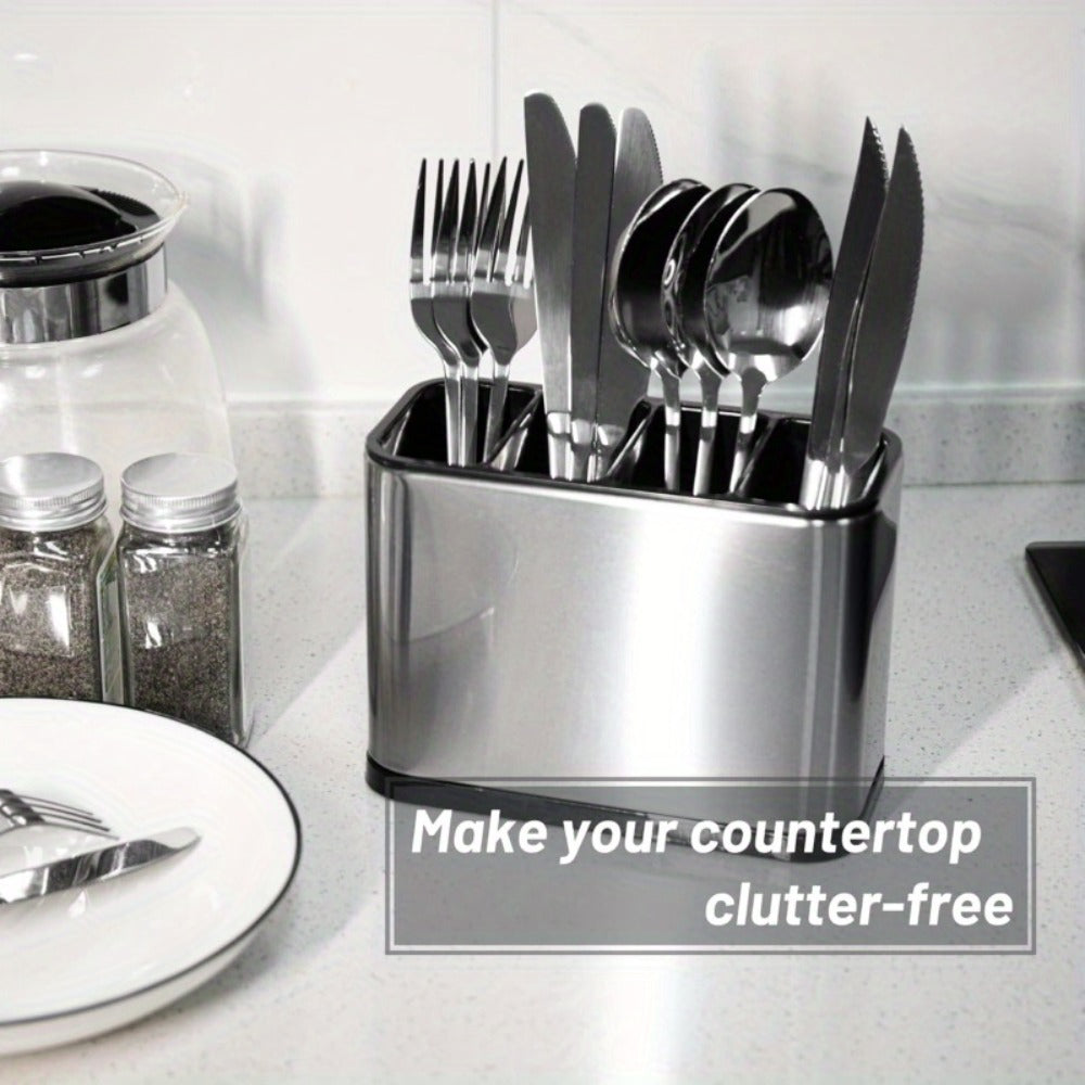 Utensil Holder Stainless Steel Cutlery Organizer 4-Compartment Countertop Caddy Anti-Slip Drain Holes for Kitchen Forks Knives Spoons Chopsticks