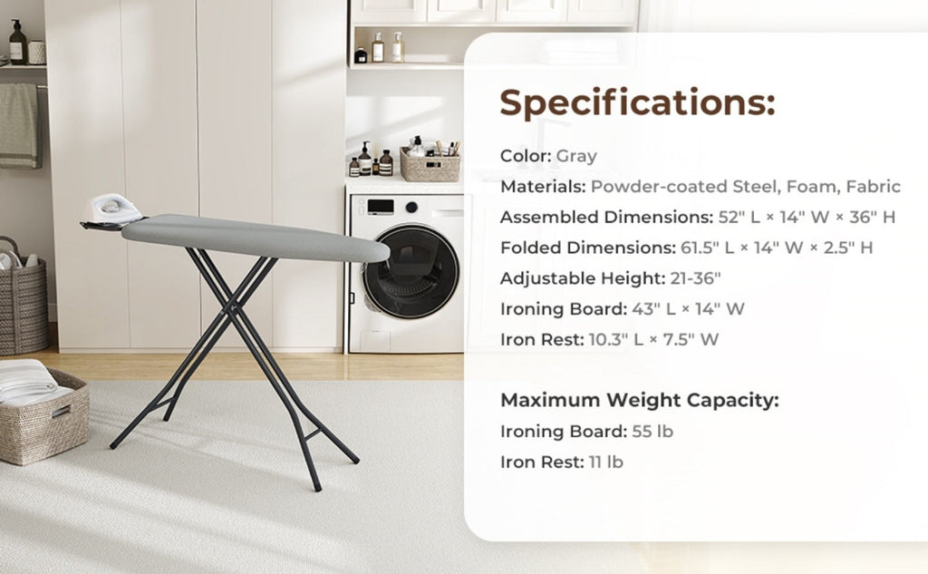 Ironing Board Full Size Adjustable Height Foldable Iron Board with 4-Leg Stand 4-Layer Thick Pad Iron Rest Safety Lock for Home Dorm Laundry Room