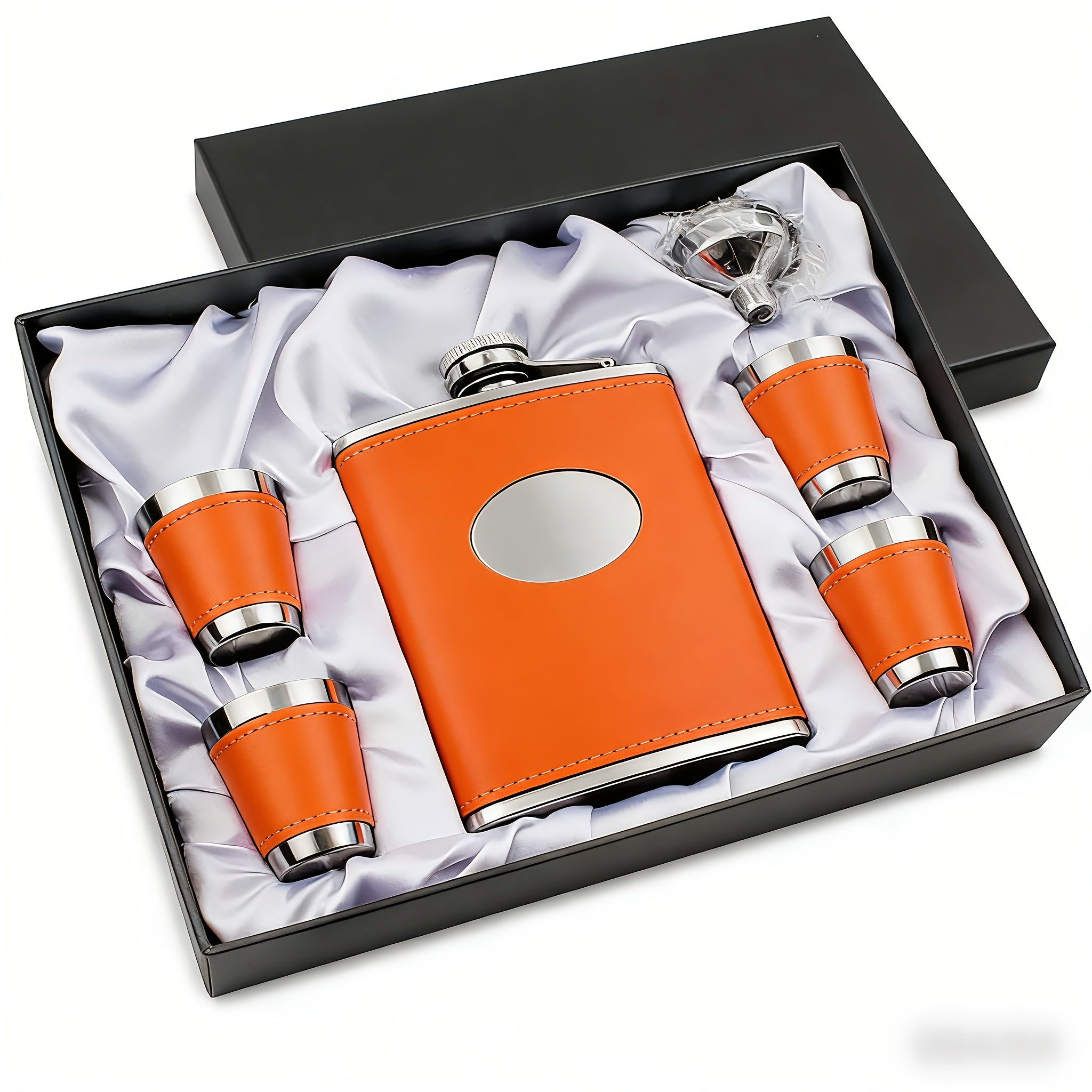Flask Set for Women 6oz Leather Wrapped Stainless Steel Hip Flask Gift Set with 4 Cups and Funnel Pink Orange Blue Holiday Christmas Valentine Gift for Girlfriend Mom