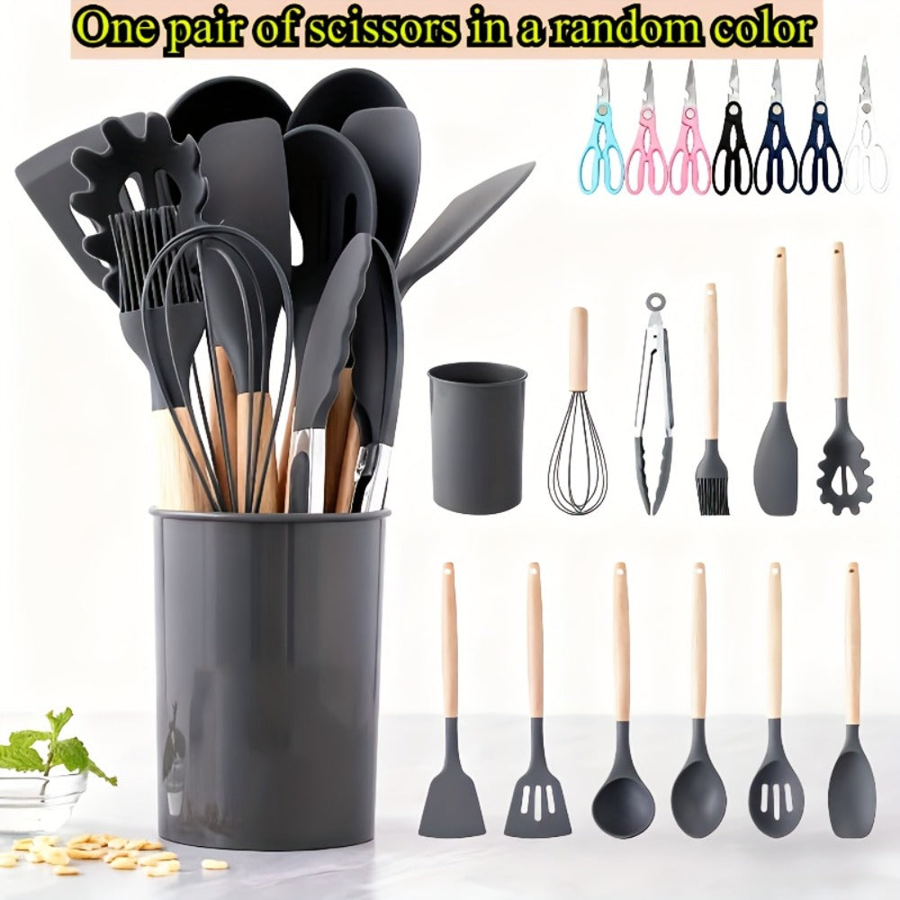Silicone Kitchen Utensil Set 13 Piece with Wooden Handles Non-Stick Safe Heat Resistant Cooking Tools Spatula Spoon Ladle Set for Cooking Baking Dorm Essentials