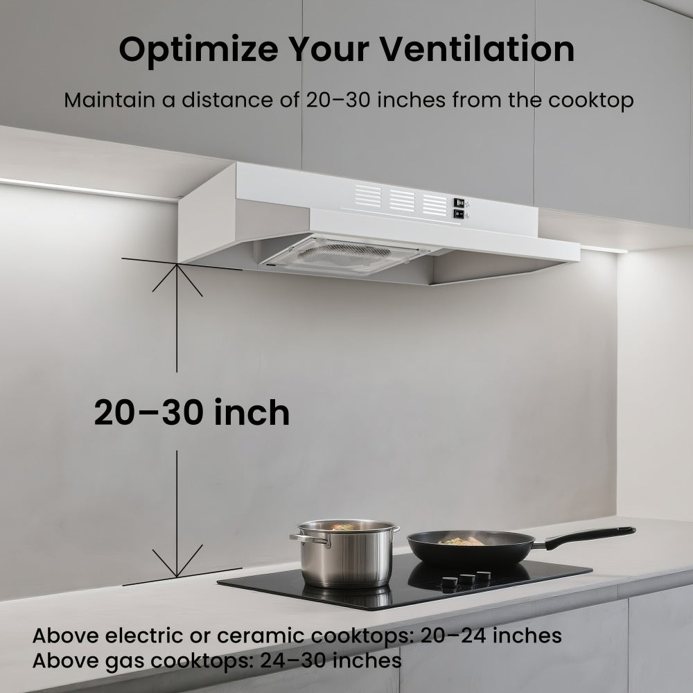 Range Hood 30 Inch Under Cabinet 350 CFM Ducted Ductless Convertible Kitchen Vent Hood with LED Light 2-Speed Exhaust Fan Stainless Steel Black White
