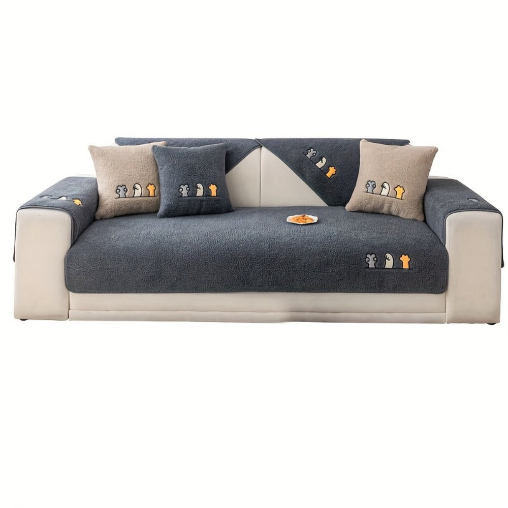 Plush Shearling Sofa Cover Non-Slip Pet-Friendly Couch Protector Animal Bone Embroidery Soft Warm for Living Room Bedroom Office 2 3 4 Seater