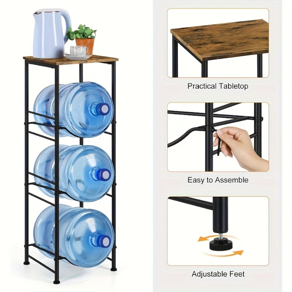 5-Gallon Water Jug Holder 3-Tier ¨C Heavy Duty Water Bottle Rack Organizer with Top Shelf & Adjustable Legs for Kitchen, Living Room & Office ¨C Particleboard & Steel Frame, White, Brown & Black