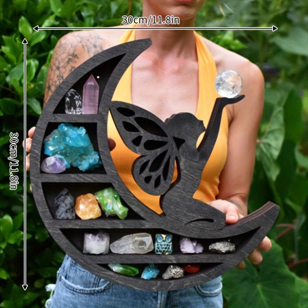 Crescent Moon Crystal Display Shelf Wooden Floating Wall Shelf for Crystals, Gems & Boho Decor ¨C MoonFairy Style Witchy Home Decoration