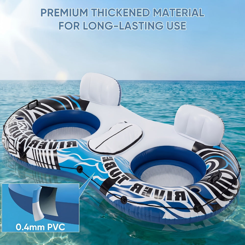 Inflatable Pool Float Bed with Detachable Cooler ¨C Heavy Duty Double Adult Lounge Raft with Cup Holders for Swimming Pool, River & Lake, Durable Blow Up Water Lounger Chair, Blue & Green / Blue & White