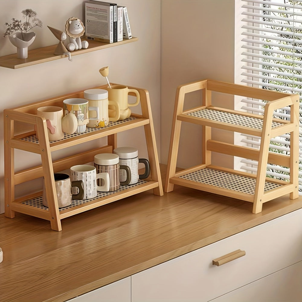 Bamboo Countertop Shelf Organizer 2-Tier - Trapezoidal Wooden Storage Rack for Kitchen Office Bedroom and Desk, Space Saving Riser Shelf for Coffee Cups Books Plants and Everyday Items, Available in Medium, Large or 2 Piece Set