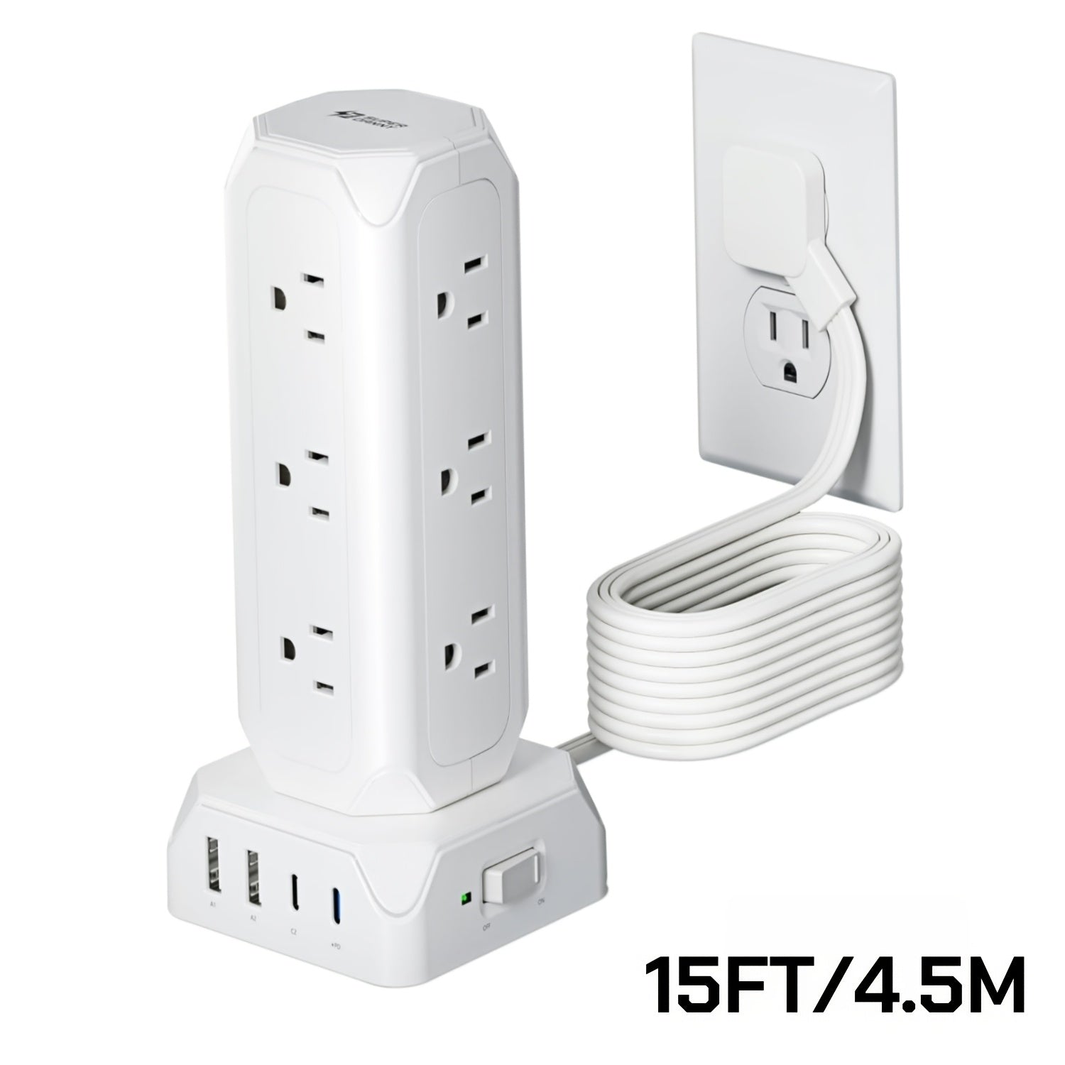 Power Strip Tower 16-in-1 Surge Protector 12 AC Outlets 4 USB Ports USB-C PD20W 1800J Protection Desktop Charging Station 10ft or 15ft Extension Cord for Office School Dorm White