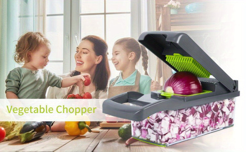 Vegetable Chopper 16-in-1 Manual Food Chopper Set ¨C 8 Interchangeable Blades with Container, Grater & Strainer ¨C Professional Onion Slicer & Dicer for Carrots, Garlic & Salad Kitchen Prep