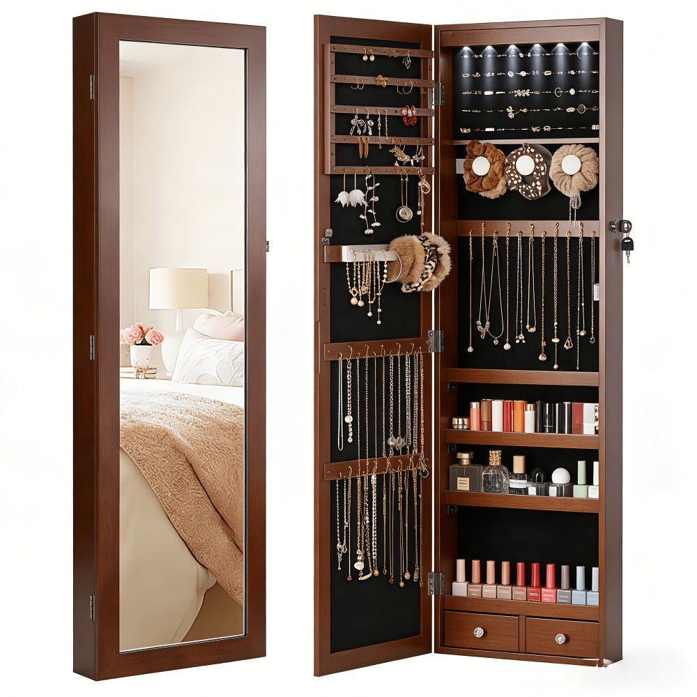 Jewelry Armoire Floor Standing 47.2¡± Full-Length Mirror Cabinet with 6 LED Lights Dual Lock, Jewelry Organizer for Necklaces Earrings Rings Bracelets, Bedroom Closet Storage 4 Colors