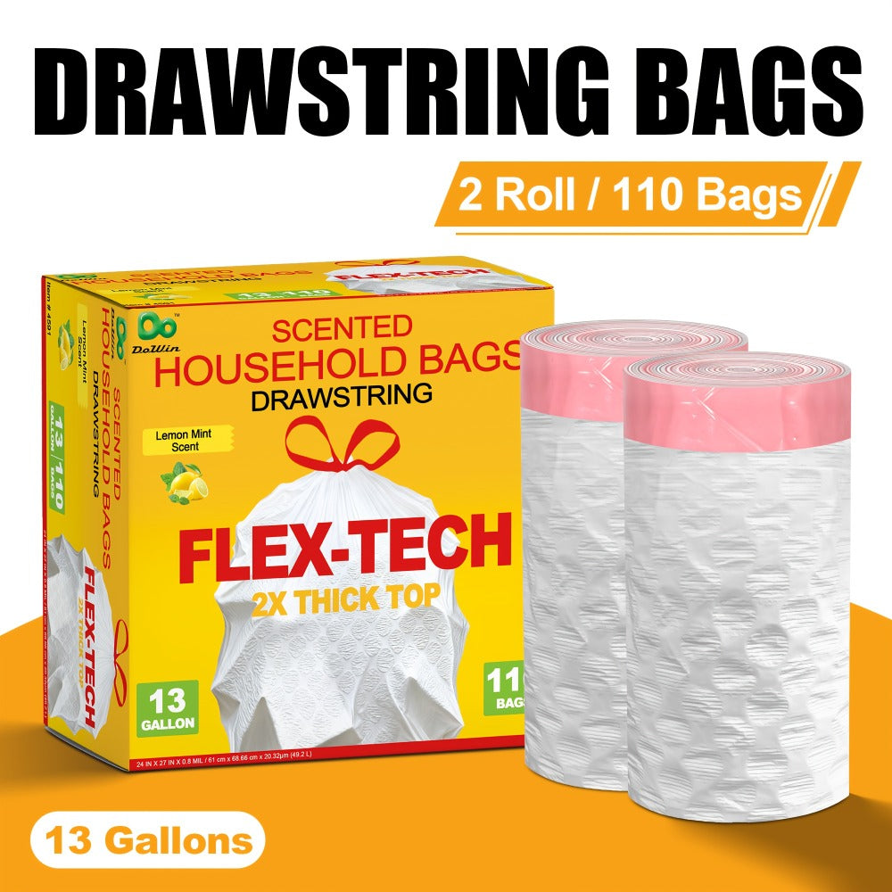 13 Gallon Trash Bags Drawstring Expandable Puncture Tear Resistant Leak-Proof Deodorizing Fresh Lemon Scent Super Durable Kitchen Garbage Bags for Kitchen Garden Large Trash Bins White 20 55 110 165 Count