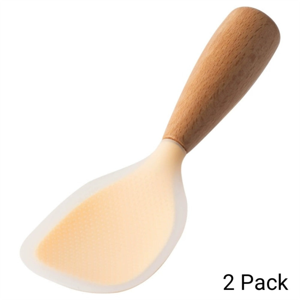 Silicone Rice Spatula Serving Spoon 2 Pack Wooden Handle Heat Resistant Durable Standing Spoon for Nonstick Pans Rice Cookers Grains Potato Server Kitchen Utensil Orange