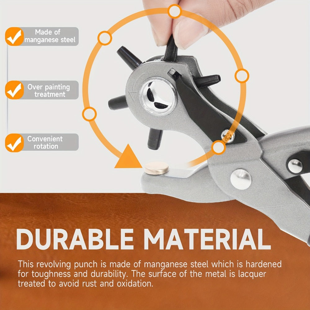 Leather Hole Punch for Belt - Heavy Duty 6-Hole Rotary Belt Puncher Kit for Saddles Shoes Fabric DIY Craft Projects Upgraded Round Hole Punching Tool (Black)