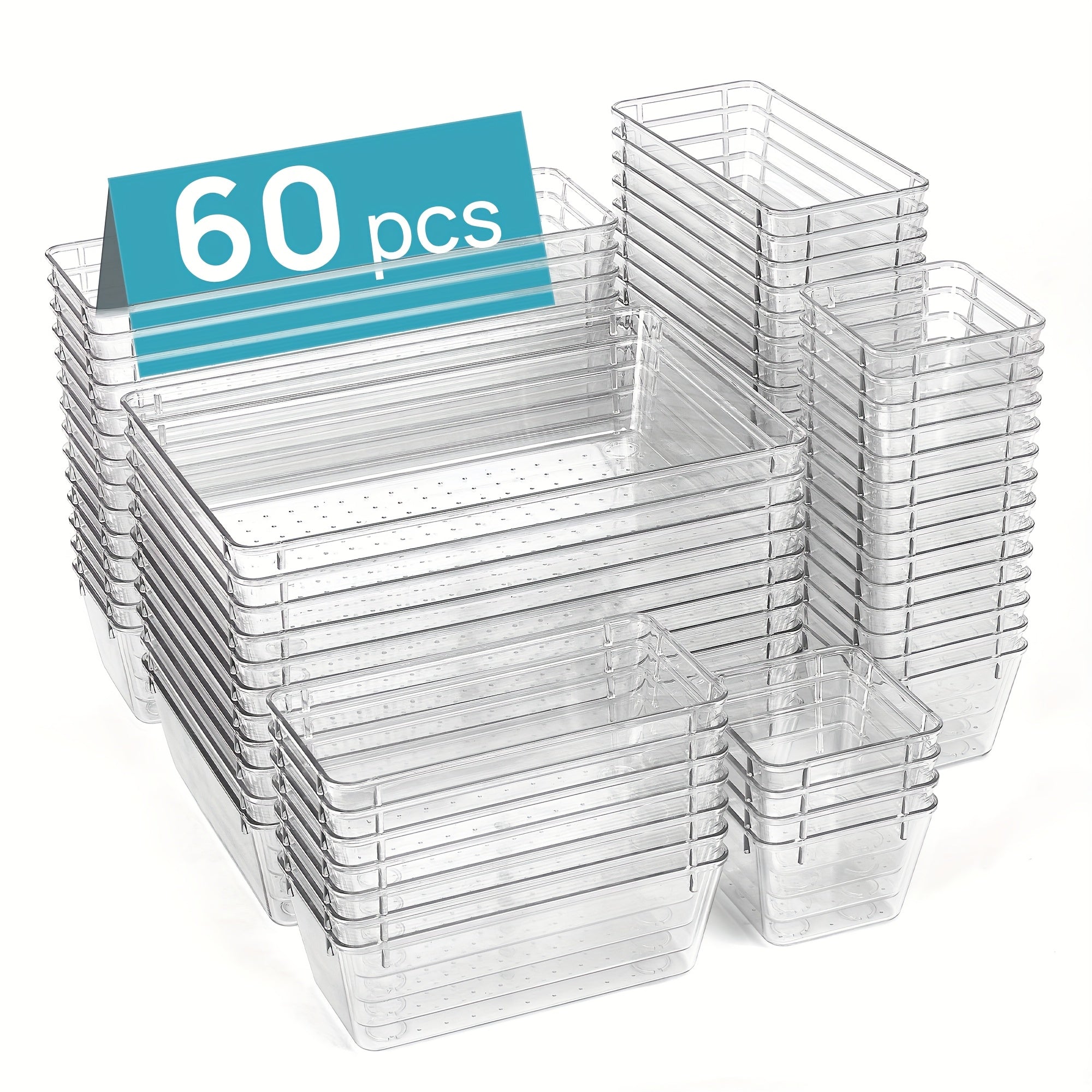 Clear Drawer Organizer Set 60pcs Plastic Storage Bins 4 Sizes for Desk Office Home Kitchen