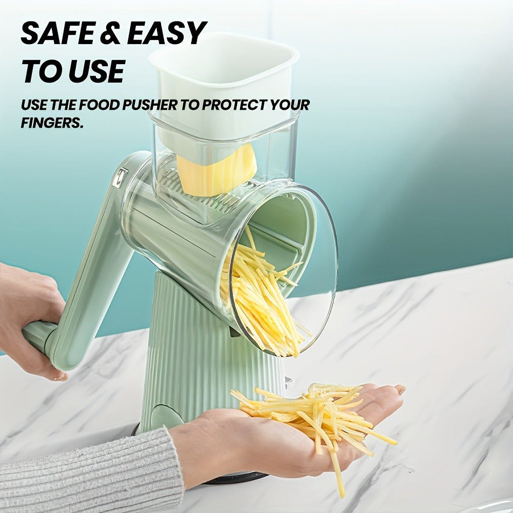 Rotary Cheese Grater with Interchangeable Blades ¨C 5-in-1 Manual Vegetable Slicer Shredder Set, Suction Cup Base, Easy to Clean, Multifunctional Kitchen Tool for Fruits, Vegetables & Nuts