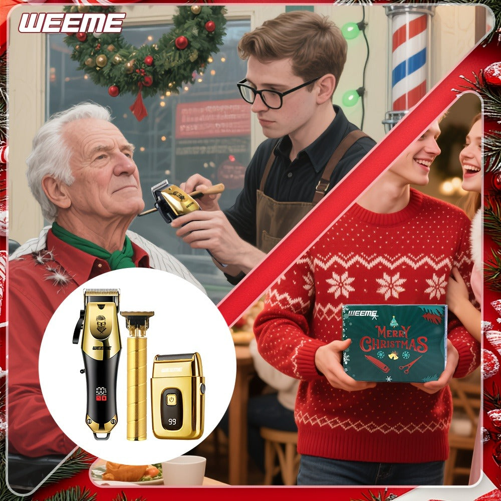 Professional Hair Clipper Set for Men ¨C 3pcs Golden Cordless Kit with Beard Trimmer & T-Blade Trimmer, Hair Cutting & Styling Tools, Ideal Birthday & Father¡¯s Day Gift for Men