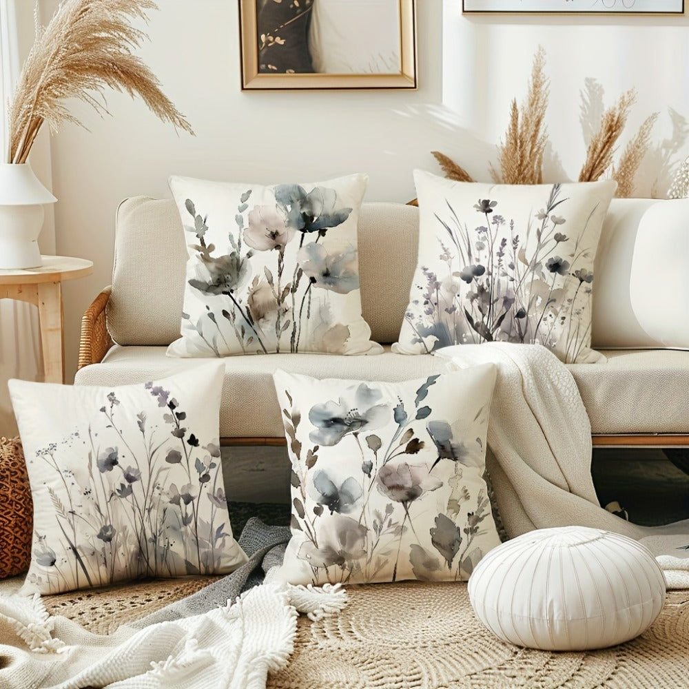 Throw Pillow Covers Set of 4 Boho Poppy Flowers Watercolor Chinoiserie Decorative Cushion Covers 18x18 Inch Soft Farmhouse Pillow Cases for Sofa Bedroom Office Car Home Decor