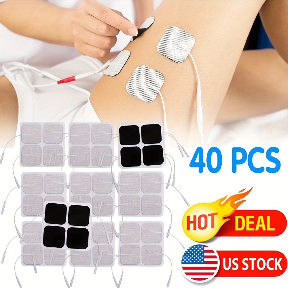 TENS EMS Electrode Pads 40-Pack, 2x2 Inch Reusable Self-Adhesive Replacement Electrode Patches with 2.0mm Pin Connector, Compatible with All TENS EMS Devices, Skin-Friendly Electrotherapy Pads