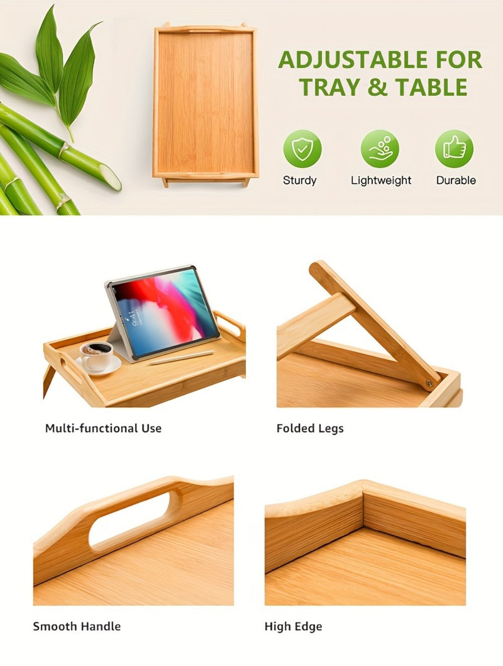 Bamboo Bed Tray Table with Foldable Legs & Handles, Breakfast Tray for Eating, Working & Snacking in Bed ¡ª Food-Safe, Durable Lap Desk | White, Black, Natural Bamboo | 1 or 2 Pack