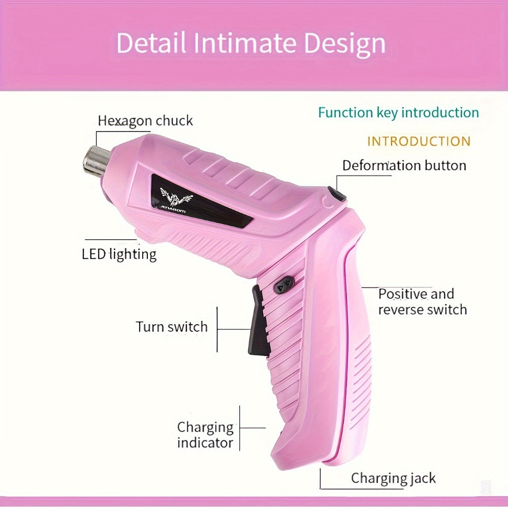 Pink Electric Screwdriver Set 47pcs 3.6V Cordless Drill Screwdriver Rechargeable 3.5Nm Torque with Front LED Light for Small Home Projects DIY Repair