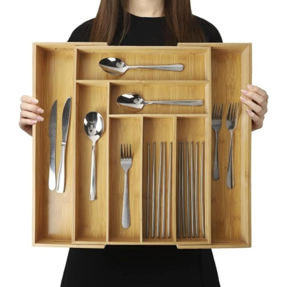 Bamboo Drawer Organizer Expandable Adjustable 9-Compartment Silverware Tray Cutlery Utensil Holder for Kitchen Drawer Office Desk Bedroom Eco-Friendly Bamboo Storage Divider Organizer
