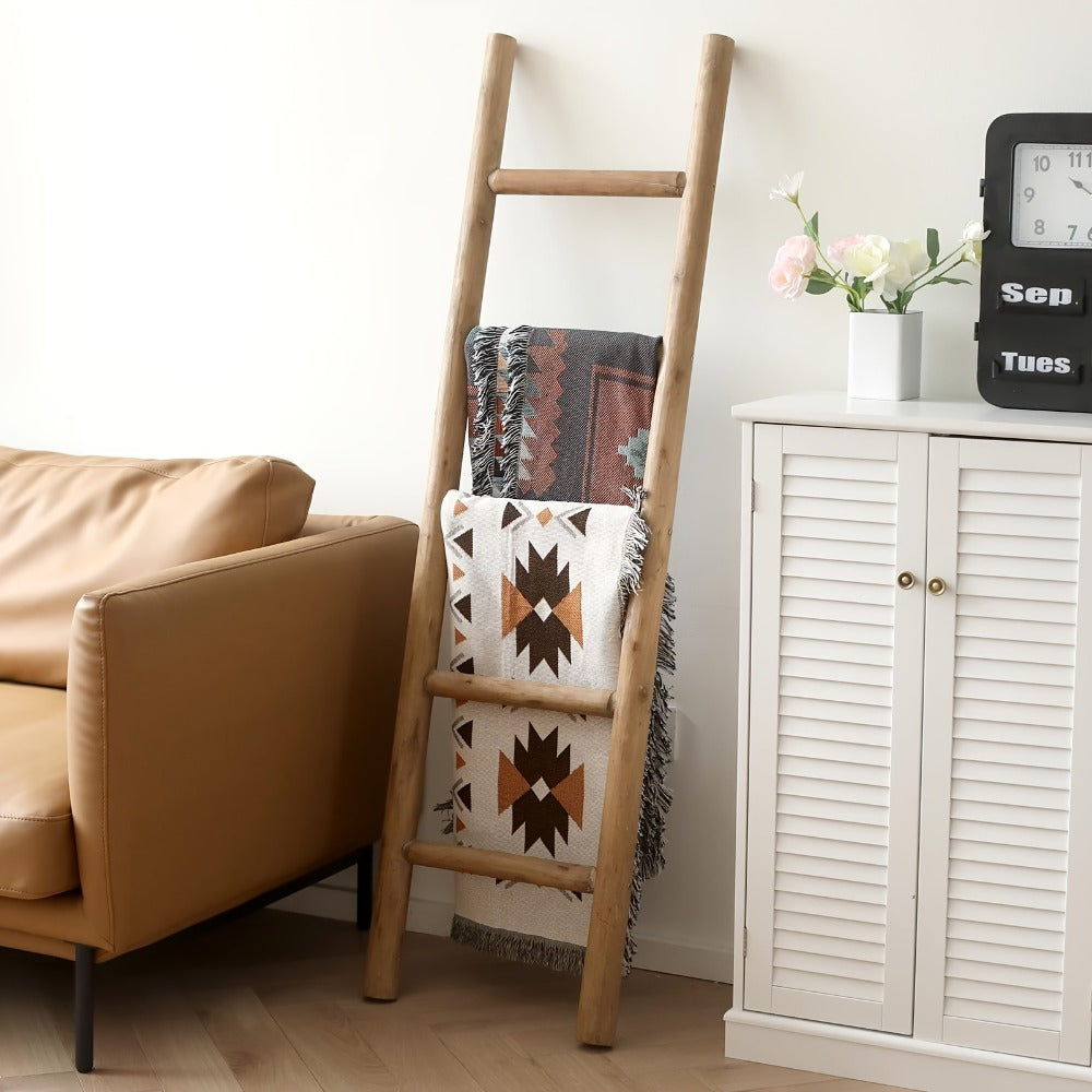 Blanket Ladder 57 Inch Wood Freestanding Farmhouse Quilt & Towel Display Rack - Rustic Wooden Wall Leaning Holder for Living Room, Bedroom & Bathroom Decor, Available in Brown, Black & White