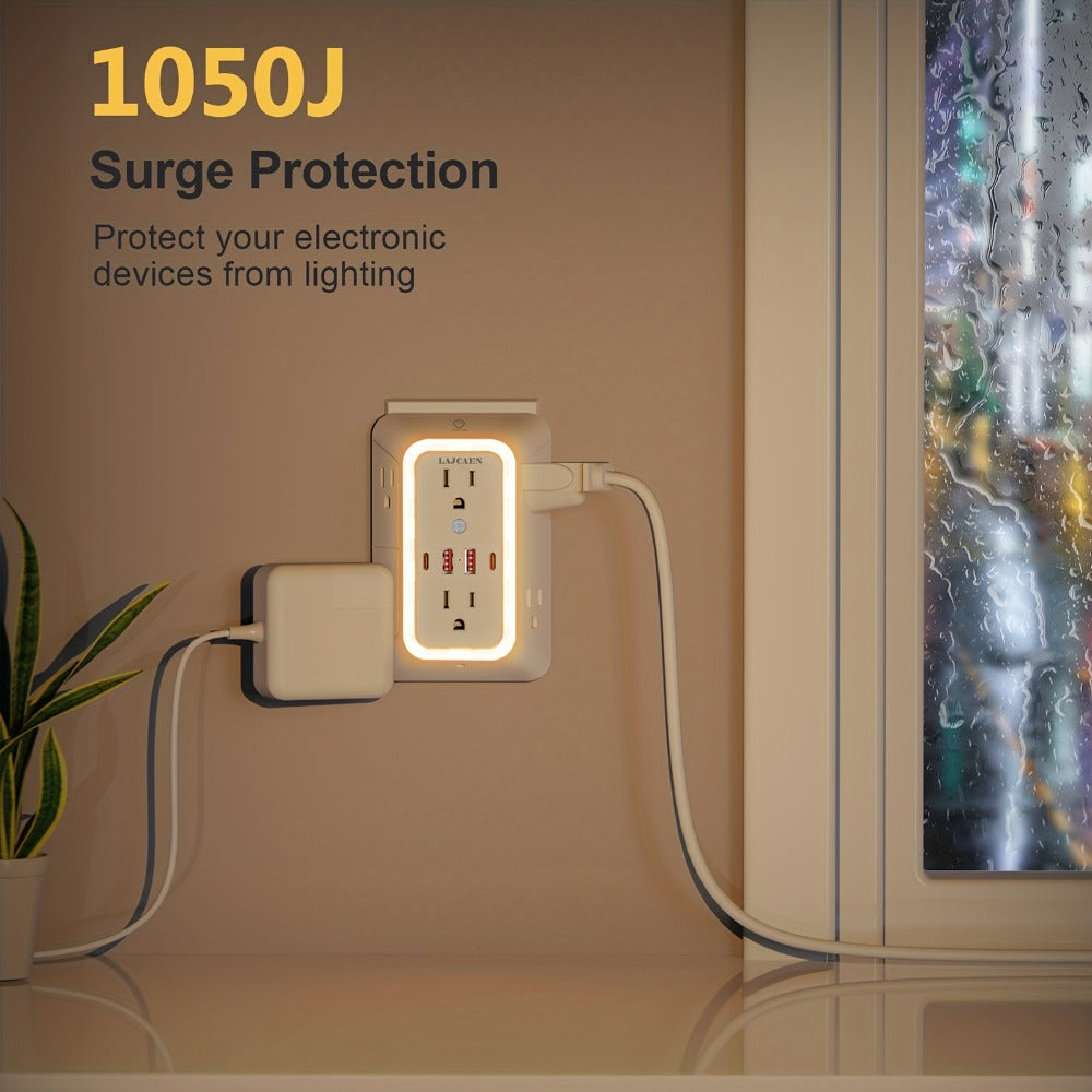 Outlet Splitter Wall Expander 10-in-1 with 6 AC Outlets 2 USB-A 2 USB-C Ports 3-Sided Plug Extender Surge Protector Night Light Compact Space-Saving Design for Home Dorm Apartment Office