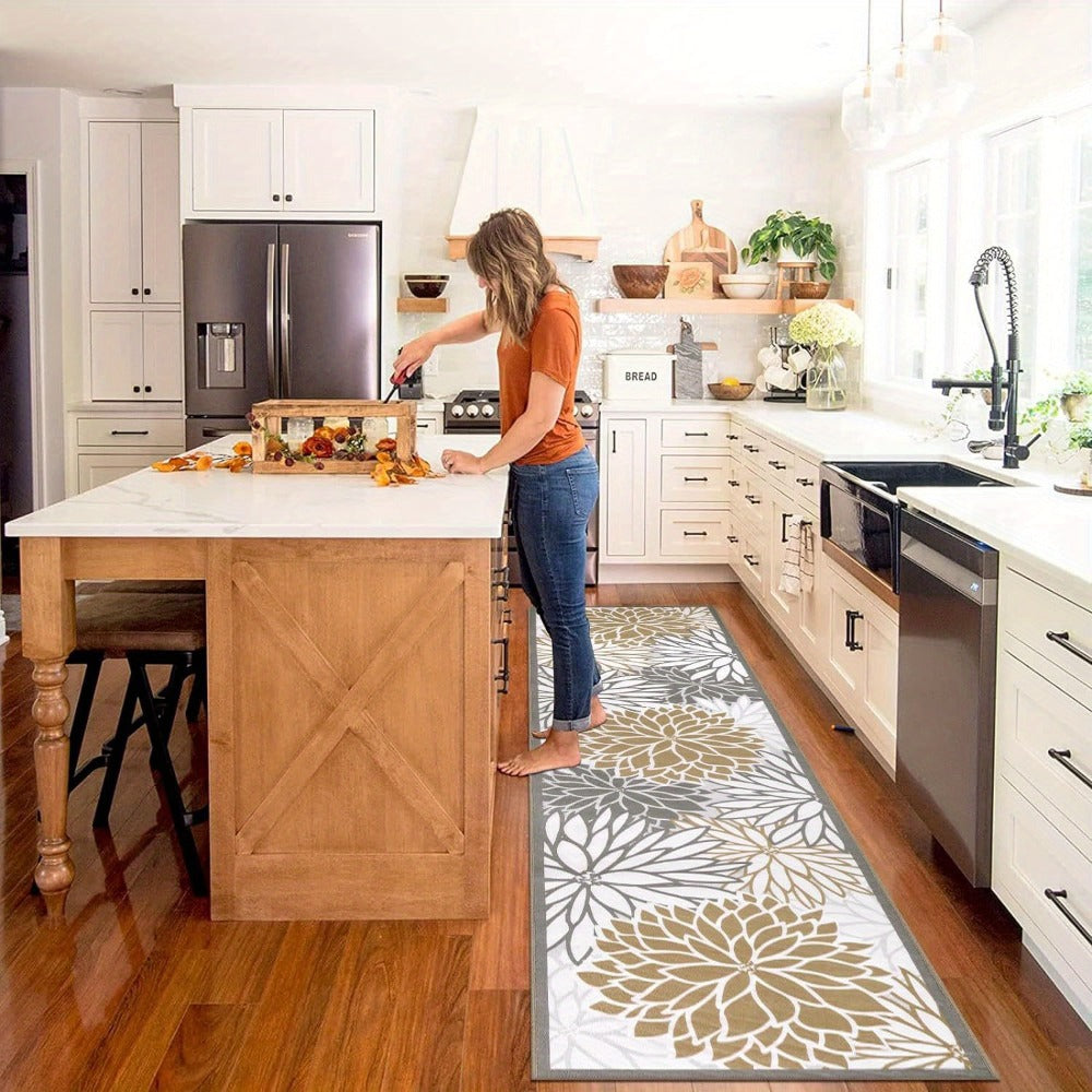Floral Medallion Runner Rug Non-Slip Machine Washable ¨C Low-Profile Hallway Carpet for Entryway, Laundry Room & Bathroom ¨C Brown & Grey, 2x6, 2x8, 2x10 Ft