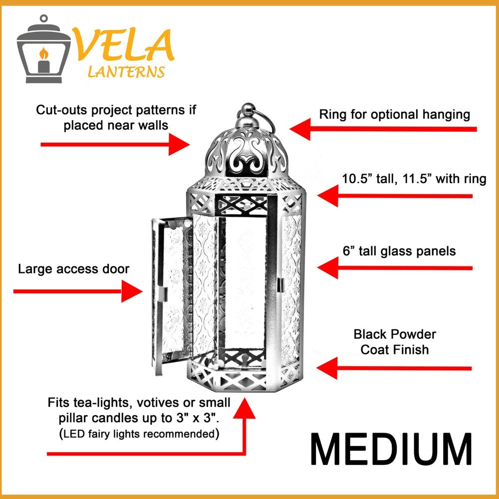 Moroccan Candle Lantern Holder - Decorative Metal & Glass Lantern with Embossed Floral Design for Indoor Home Decor, Garden, Patio, Weddings, Ramadan, Halloween & Holiday Celebrations - 10.5¡± Tall Medium Size