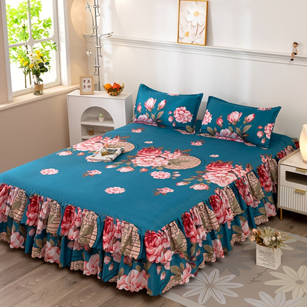 Floral Bed Skirt Set 3-Piece ¨C 1 Ruffled Dust Ruffle Bed Skirt + 2 Pillowcases | Peony & Botanical Print | Double-Layer Hem | Machine Washable Polyester Bedding | 150, 180 & 200cm