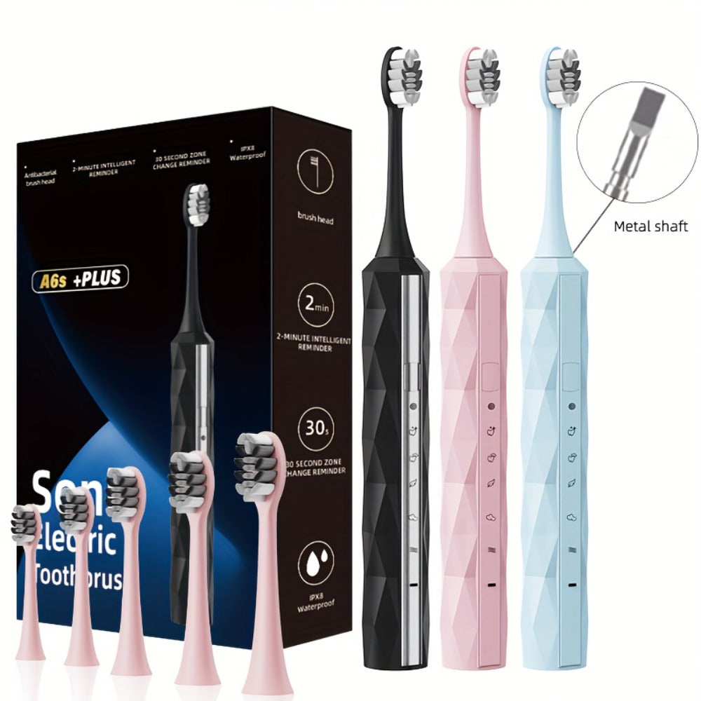 Sonic Electric Toothbrush IPX8 Waterproof ¨C USB Rechargeable, Smart Timer, Metal Handle, 5 Replacement Brush Heads, Soft Bristles for Adults Men & Women ¨C Black & Blue