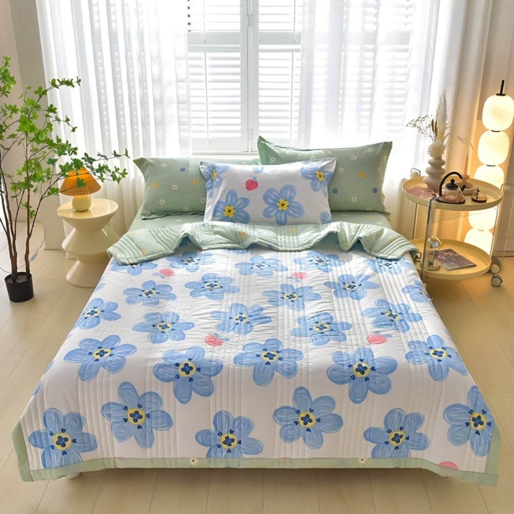 Quilt Set 3 Piece Summer Cooling ¨C Floral Printed Thin Comforter with 2 Pillowcases, Soft Skin-Friendly Bedding for Twin Full Queen King, All Season Lightweight Blanket for Bedroom Hotel Guest Room