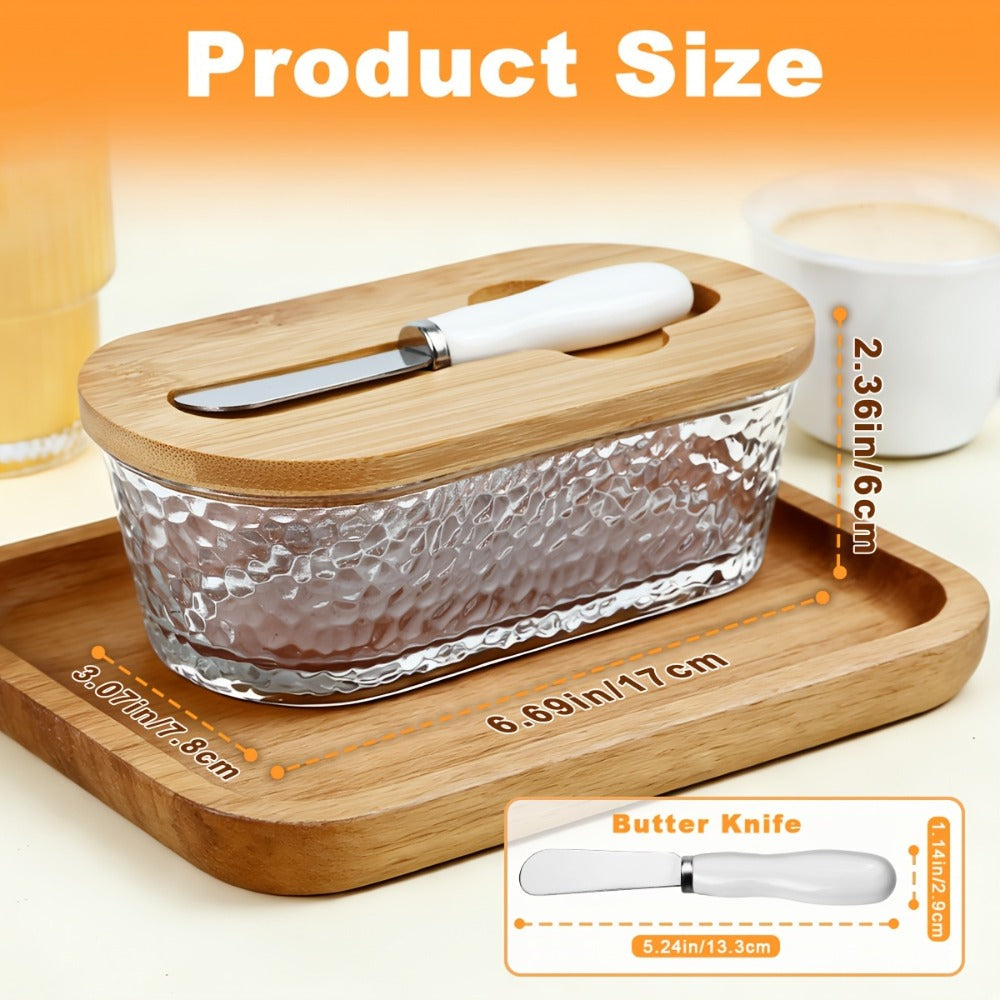 Glass Butter Dish with Airtight Sealed Lid | Butter Keeper for Countertop Refrigerator Fridge Door Storage Hygienic Covered Butter Tray Stripe Pattern Fresh Butter Container