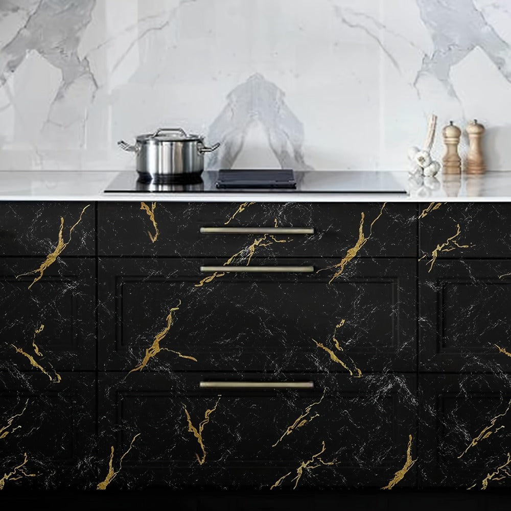 Black Marble Wallpaper Self-Adhesive Peel and Stick | Gold Vein Kitchen Backsplash Contact Paper | 23.62¡± x 196.85¡± Large Removable Wall Sticker for Modern Home Decor, Countertop & Furniture Wrap