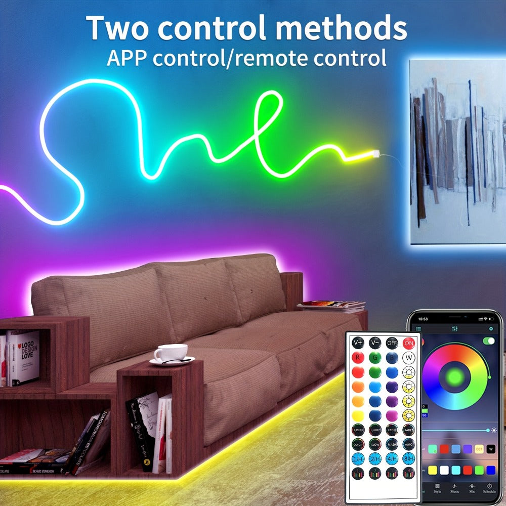 Neon Rope Lights 100ft RGB LED with App & Remote Control, 2 Rolls of 50ft Flexible Neon LED Strip, 24V Safe Low Voltage, for Bedroom, Room Decor, Gaming Setup, Indoor Accent & Holiday Lighting