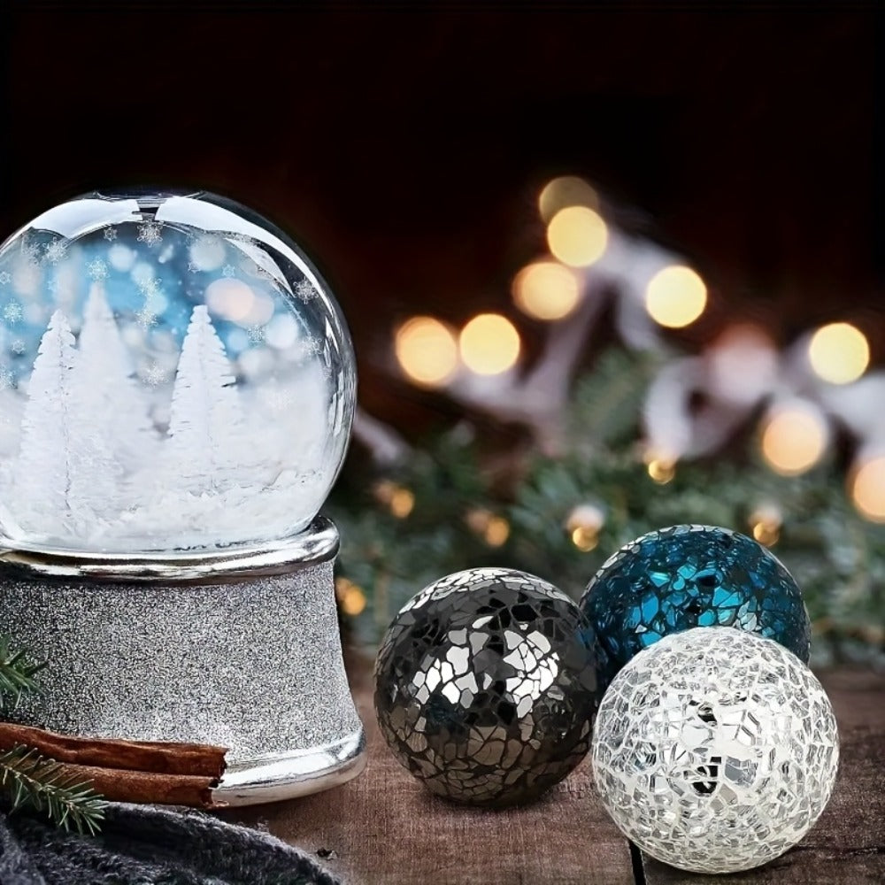 Decorative Glass Balls for Bowls 3 Inch Set of 3 with Glass Tray, Bowl Fillers Centerpiece Table Decorations for Home Decor Living Room Dining Coffee Table, Silver Black Gold Green