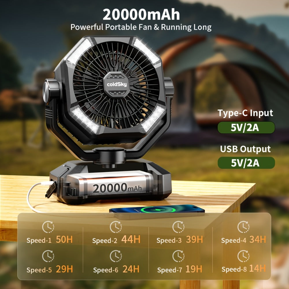 Camping Fan 20000mAh Dual Motor High-Velocity, 8-Speed Remote Control with 4 LED Lanterns and Tent Hook, Portable Outdoor Fan for Camping, Power Outages, Construction Sites and Emergency Use